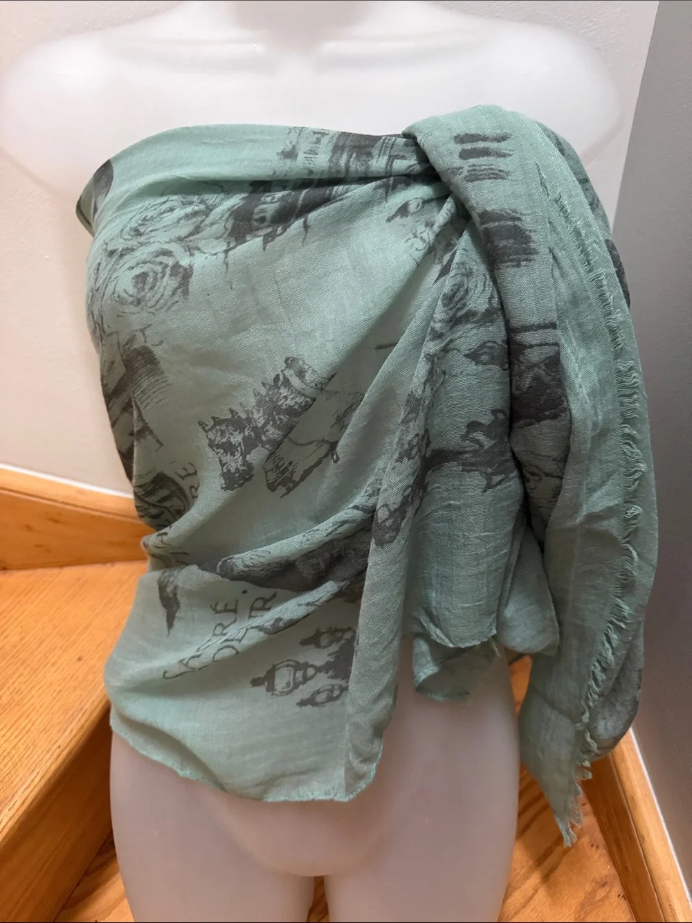 Vintage Paris Landmark Print Wrap Scarf Sage Green Grey Eiffel Tower